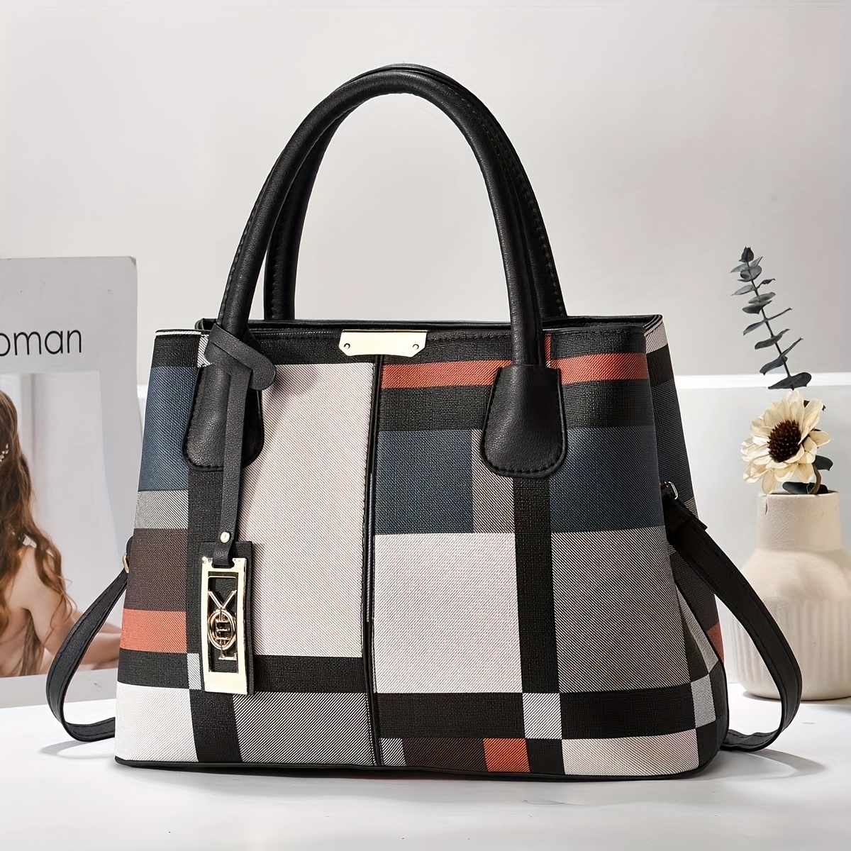 

Commuter Elegant Tote Bag, Women's Plaid Fashion Handbag, Textured Versatile Shoulder Crossbody Purse