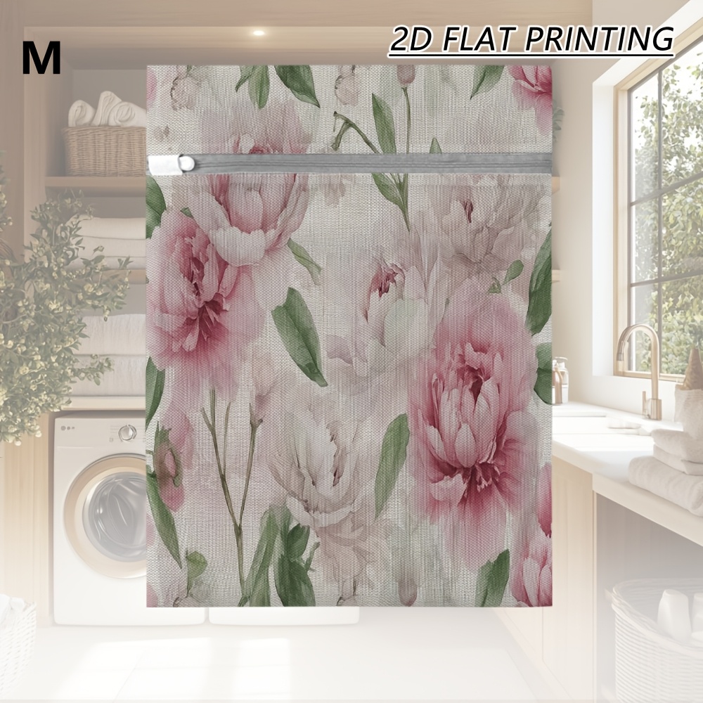 TEMU 1pc Premium Printed Romantic Peony Floral Pattern Laundry Mesh Net Bags Lock Zipper With Protective Flap Durable Smooth Flow Mesh Anti