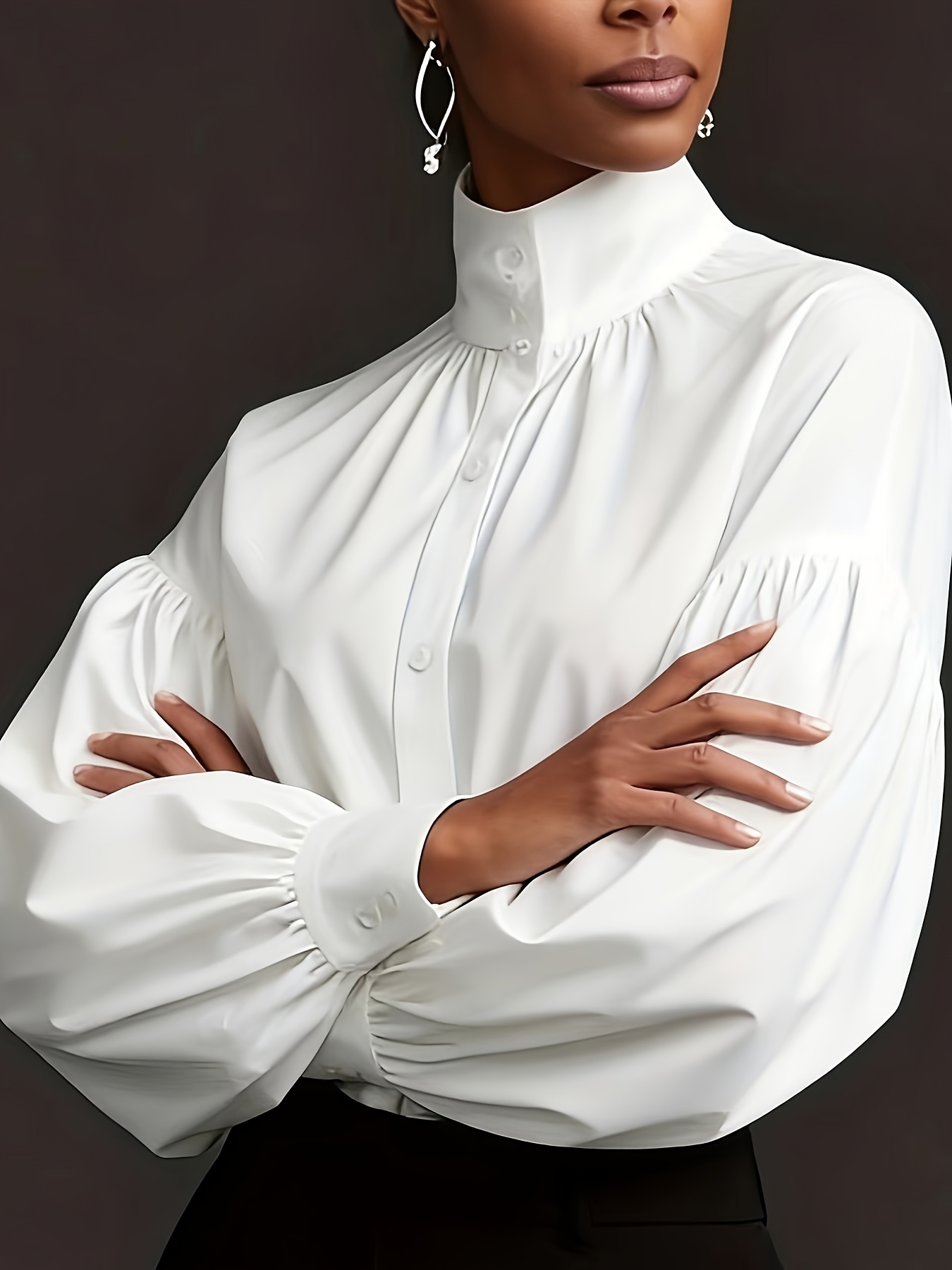 french solid color stand collar lantern sleeve - Temu Hungary