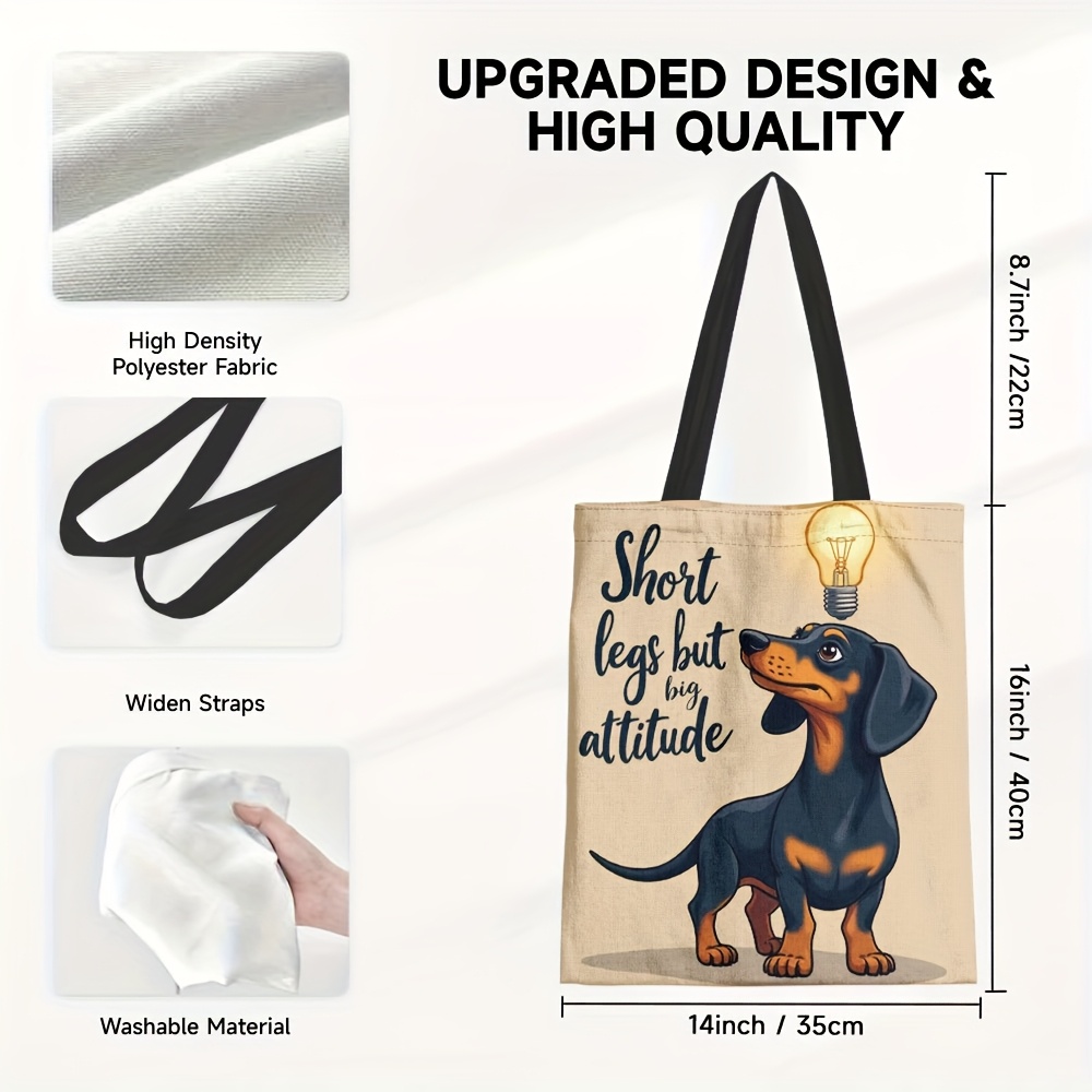 TEMU 1pc Fun Dachshund Cartoon Tote Bag With "short Legs Big Attitude" Design - Large Capacity Durable Polyester Shoulder Bag For Grocery, Work &