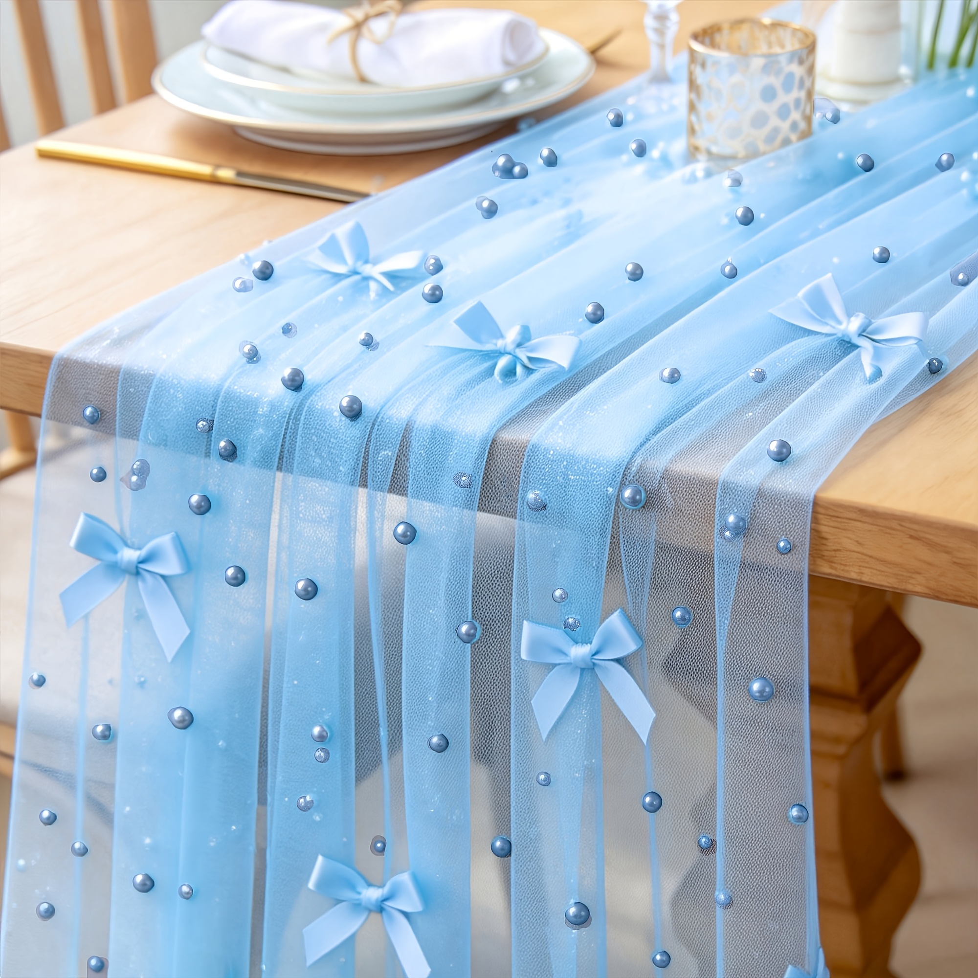 TEMU 1 chemin de table en tulle papillon , décoration de table de mariage, nœuds 3D dispersés de uniforme et perles rondes, convient aux tables de