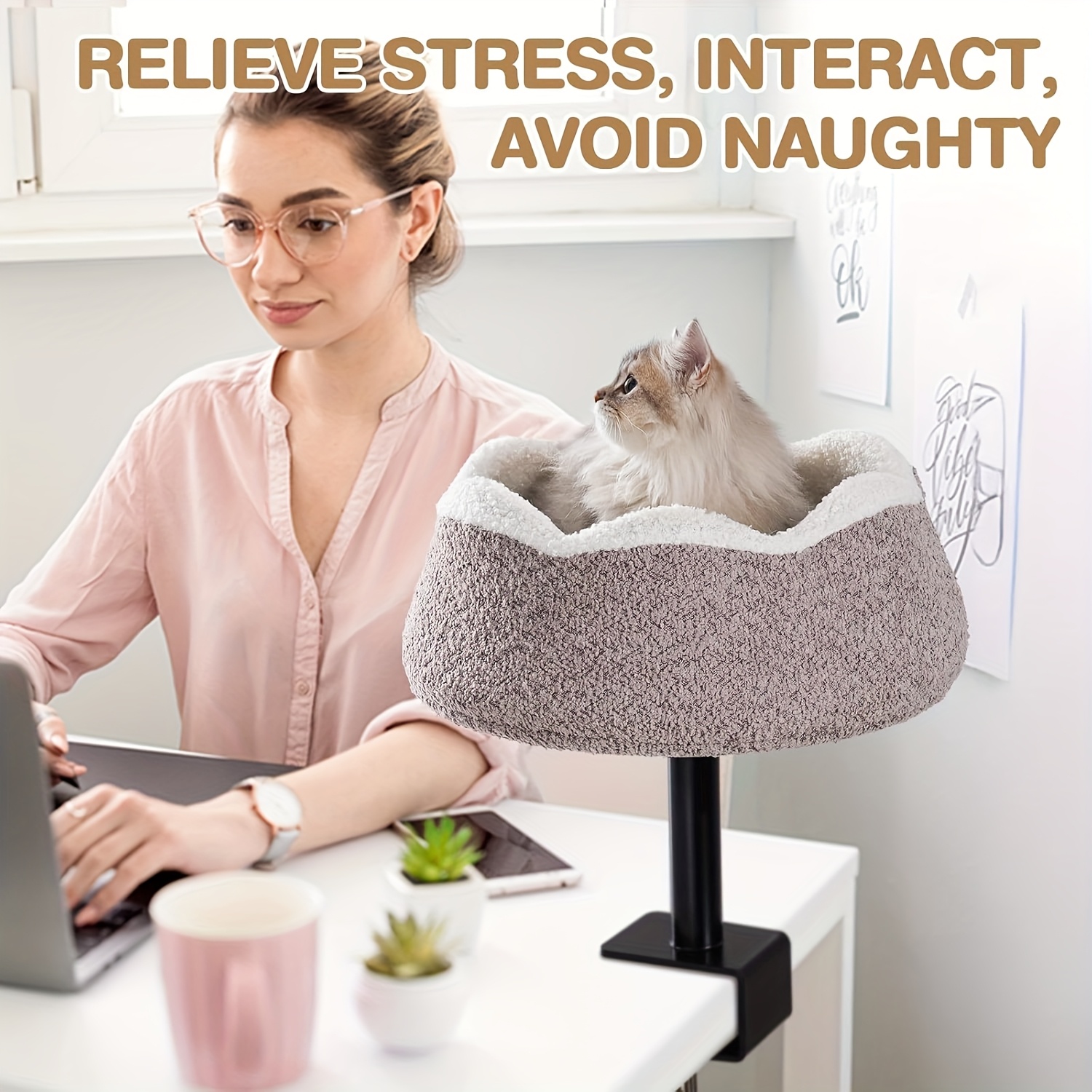   360 rotating adjustable height cat desk bed alloy   removable washable plush perch with wrap around edges ergonomic desktop cat furniture for home office safety       stable structure Product details 5