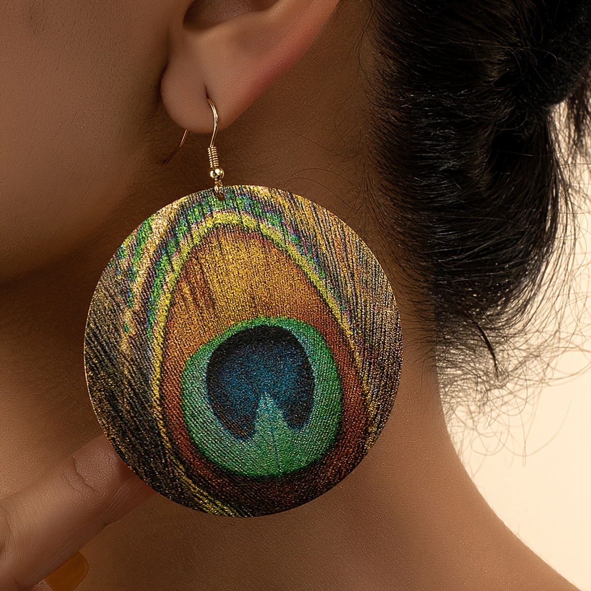 

Bohemian Vintage Peacock Feather Design Round Dangle Earrings, Trendy Geometric Studs For Women Summer Vacation