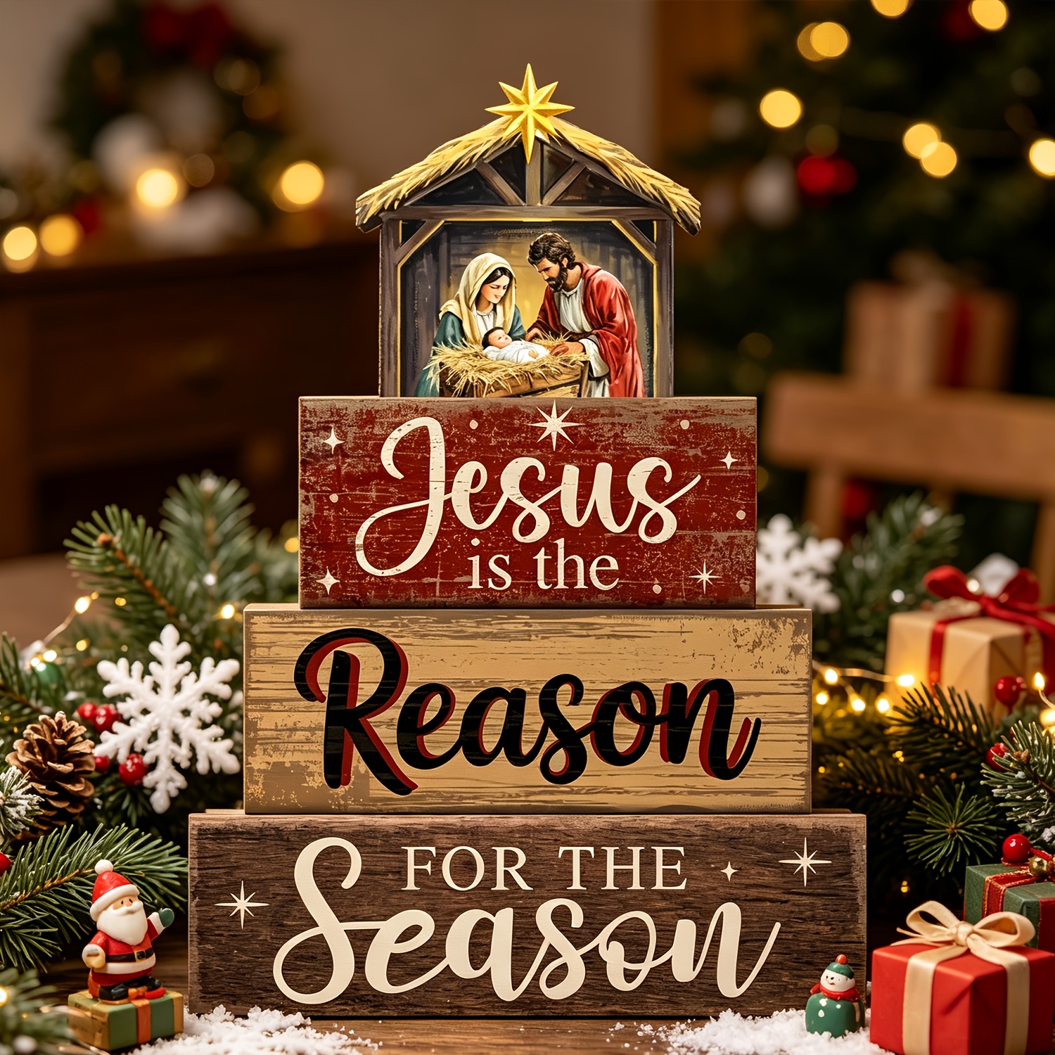 TEMU 4pcs Set, Nativity Scene Decor, Wooden Nativity Scene Ornaments, Christmas Tiered Tray Decor, Holy Night Table Centerpiece, Christmas Decoration