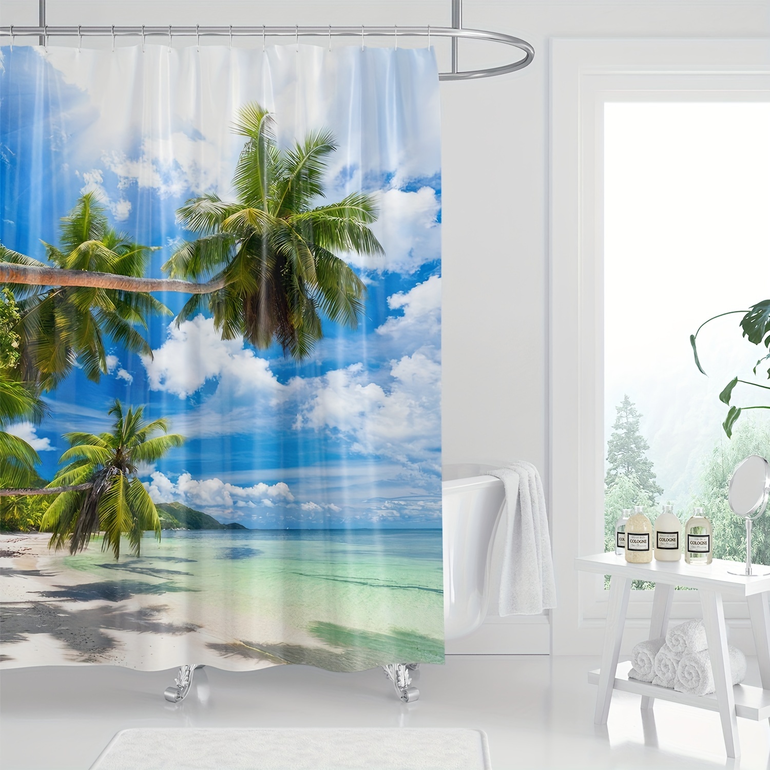 

Tropical Island Beach Scenery Digital Print Shower Curtain With Hooks - Water-resistant Polyester Bath Curtain, Machine Washable, All-season, Arts-themed, Knit Weave, Includes Hooks - 1pc