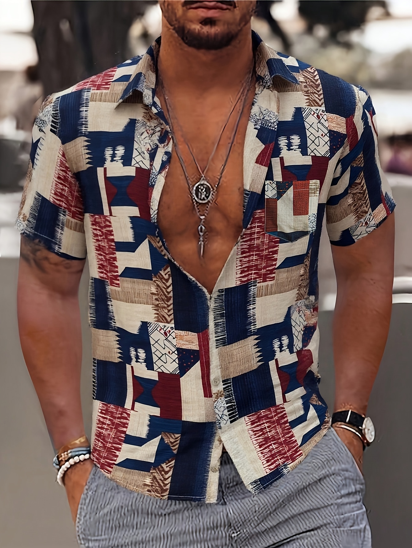 Camisa de manga corta para hombre, camisa estampada estilo vacaciones de verano para hombre, con mangas cortas y diseño abotonado