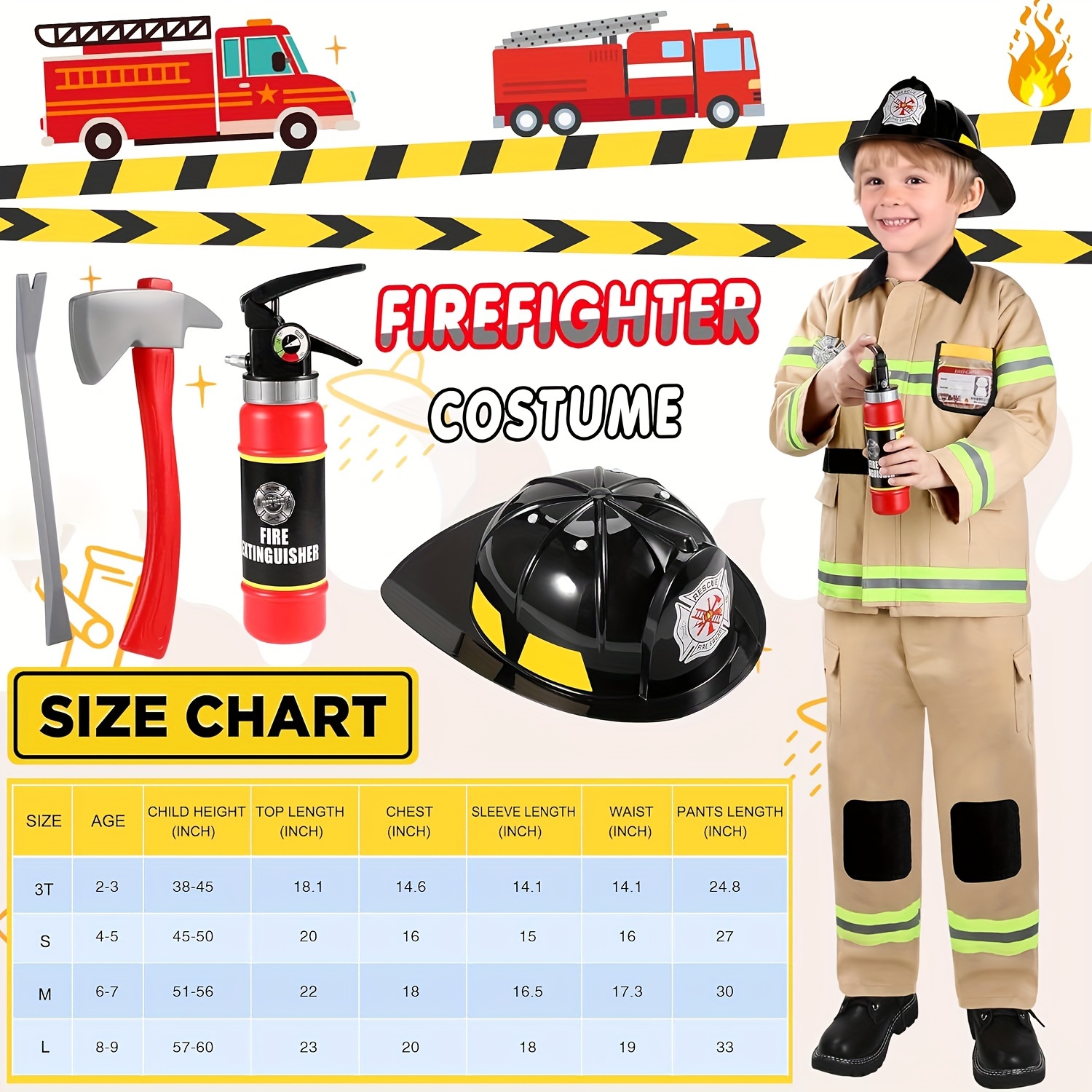 TEMU Ginmic Firefighter Costume For Kids Fireman Costume For Kids With Accessories Halloween Costume For Kids Boys Role Play