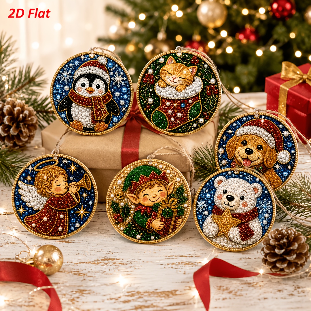 TEMU 6pcs Set 2d Flat Christmas Pearl Diamond Painting Wooden Tag Pendant 3.07 Inch Hd Printed Full Set Hand Drilling Material Bag Stress Relief