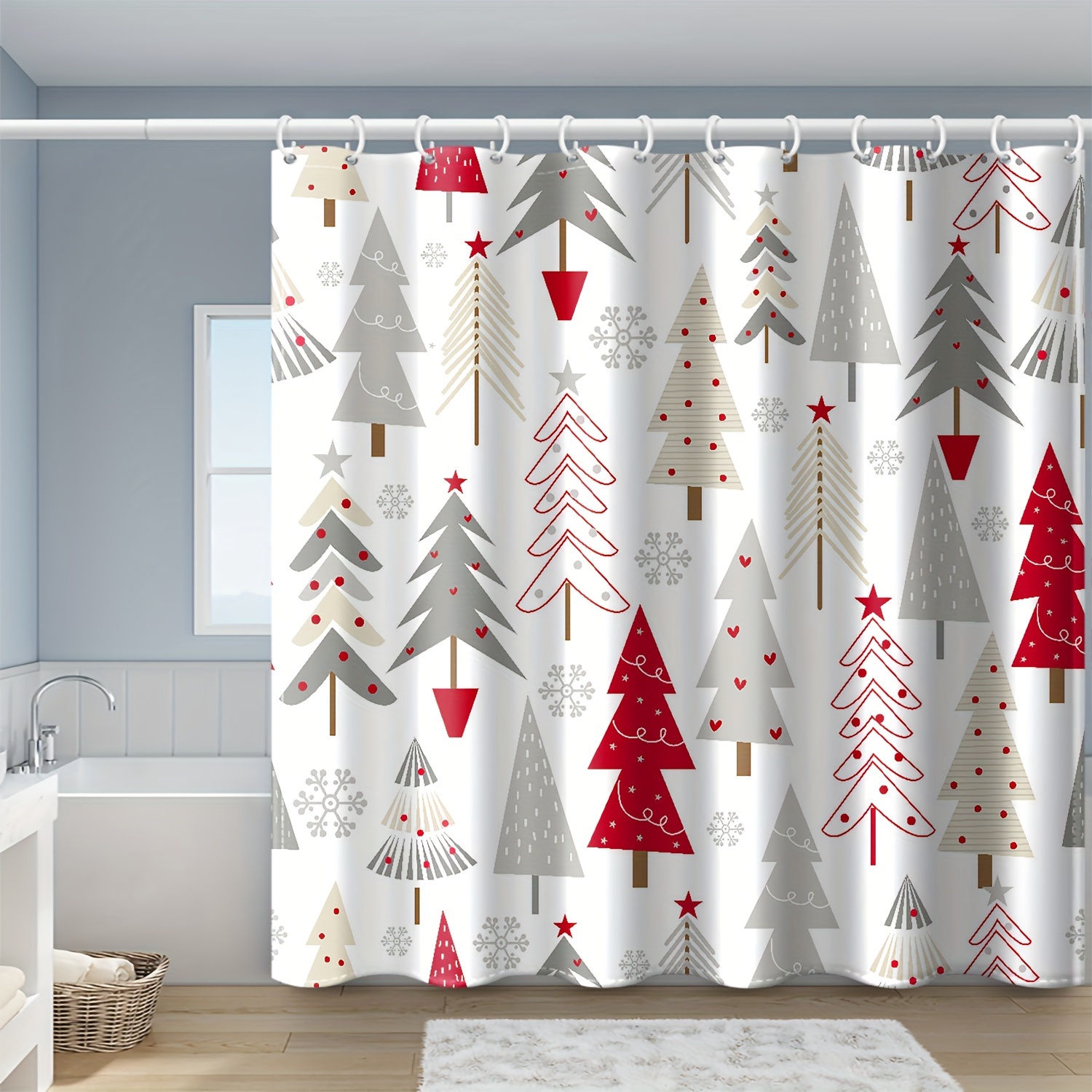 

1pcs Christmas Pattern Shower Curtain Set With Plastic Hooks, Water-resistant Polyester Bathroom Decor, Machine Washable Festive Arts Theme, Woven Unlined All-season Fabric With Modern Print Design.