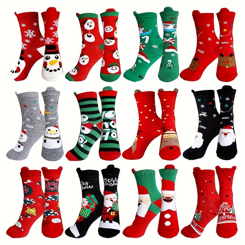 12 Pairs Of Christmas Different Styles Pure Cotton With Ears Christmas Mid-tube Socks Christmas Decorative Socks