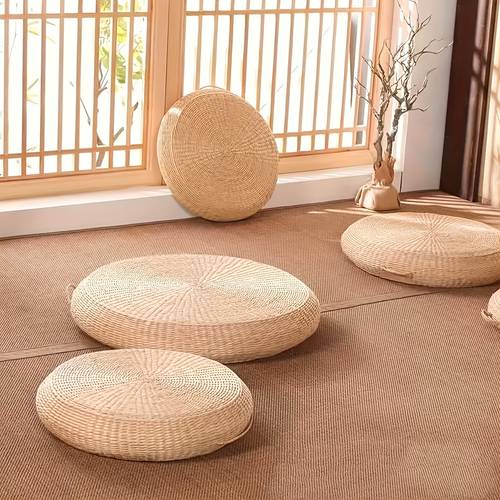 natural rattan wicker round meditation cushion large boho zen zafu chair pad for yoga japanese tatami bedspread prayer portable breathable grass mat no wood white ideal gift for zen practice
