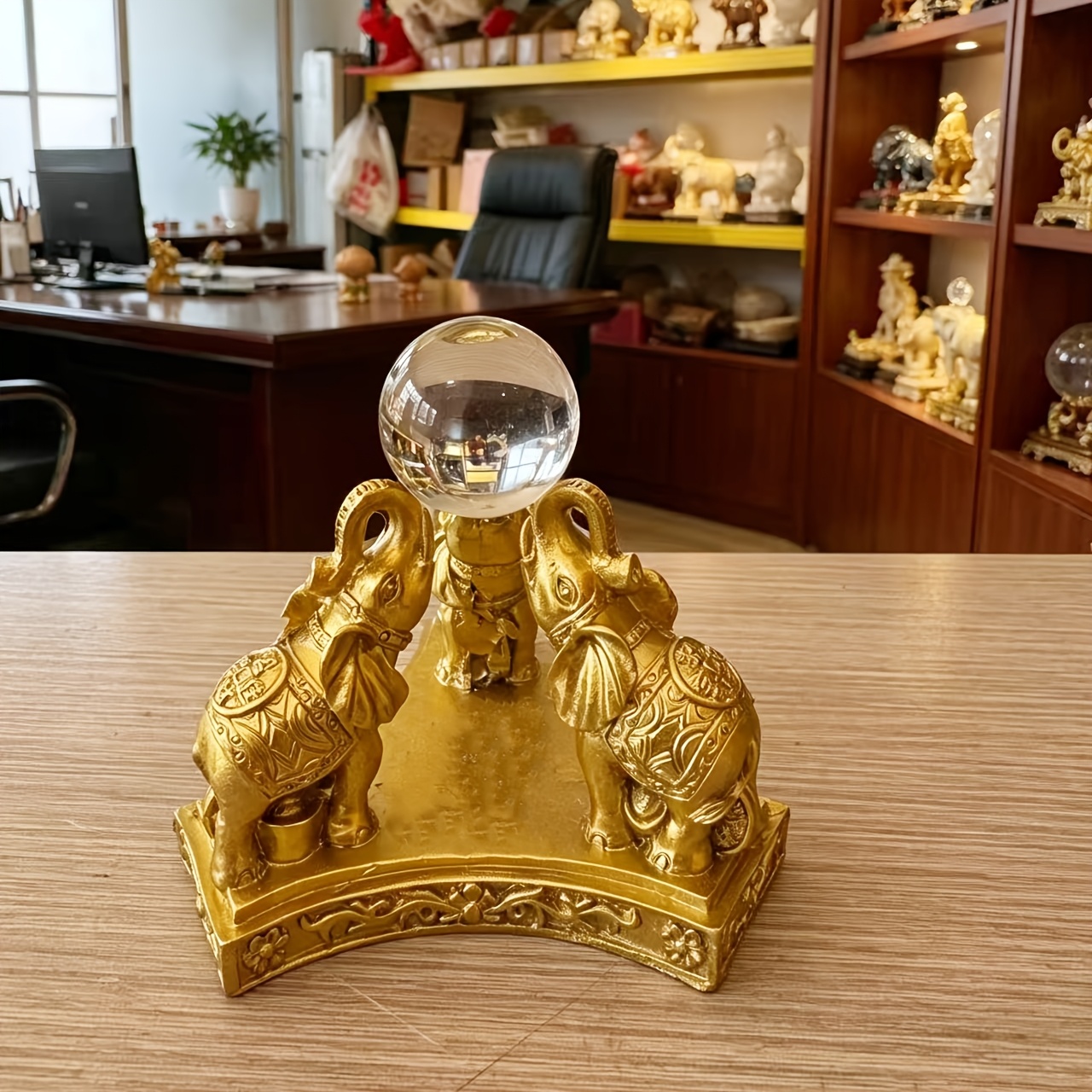 TEMU 1pc 3 Elephants Holding Orbs Ornament - Resin Wealth Elephant Statue Suitable For Living Room, Office Desk Decor, / Decoration With Symbolism,