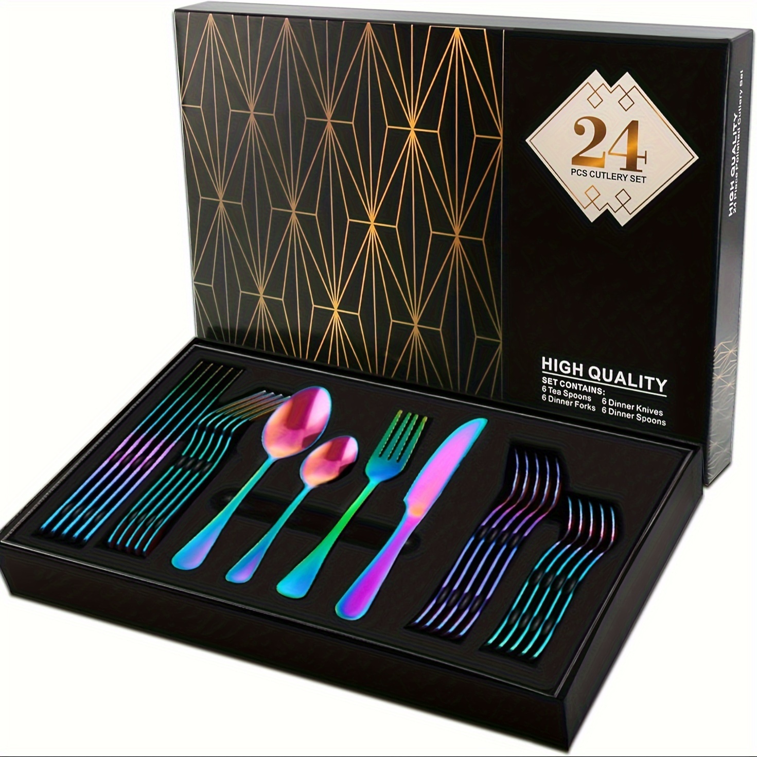 TEMU Cutlery Set, 24 Piece Stainless Steel Rainbow Flatware Set, Silverware Set Service For 6, Tableware Utensil Set With Knife, Fork, Spoon,