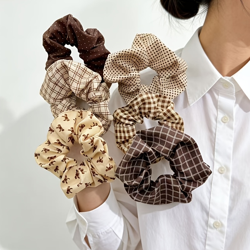Image of 6pcs Set Of Stylish Brown Hair Scrunchies ( And Polka Dot Patterns) - Random Shade/density, Perfect For Women For Everyday Use, Parties, Or Travel