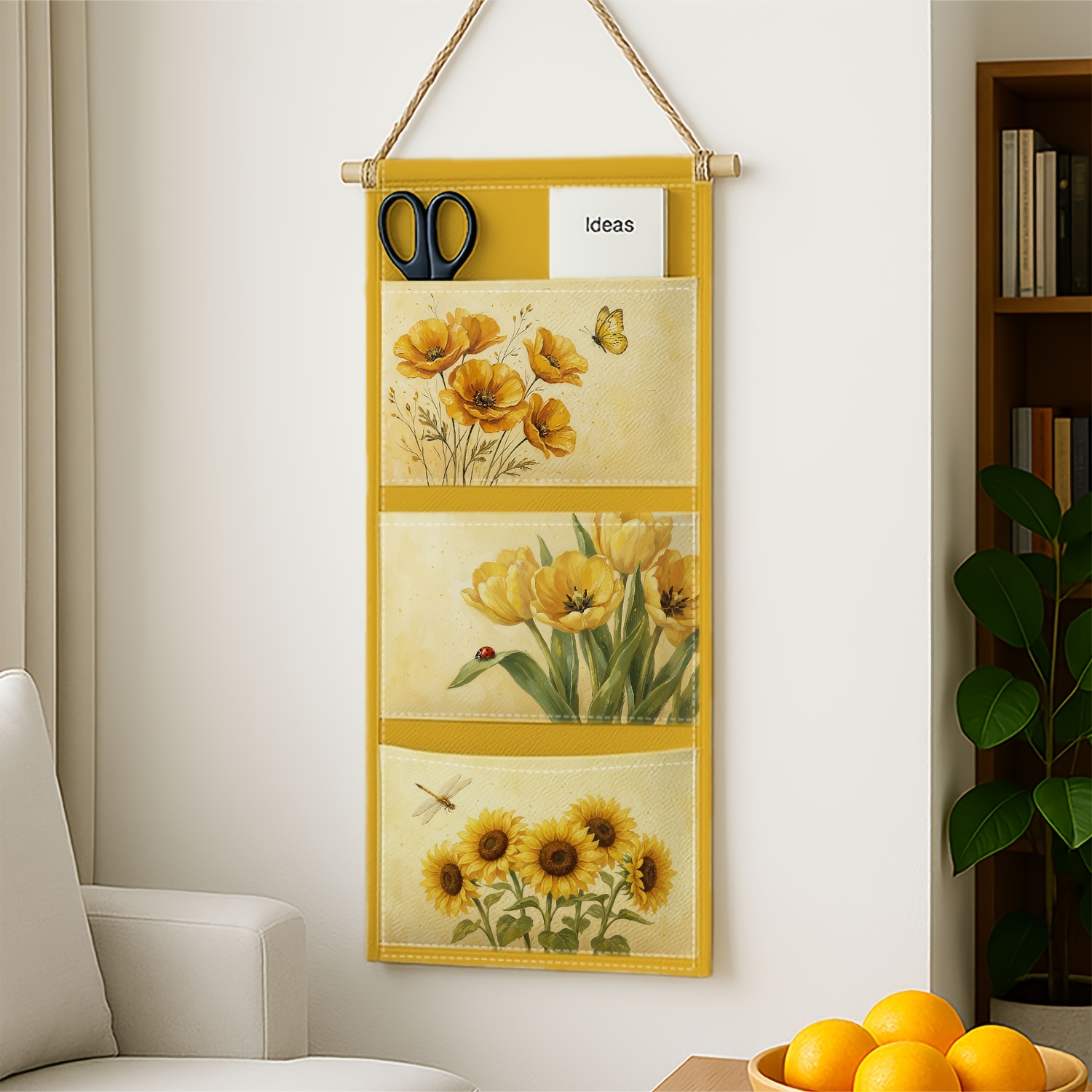 TEMU 1pc Vintage Botanical Floral 3-pocket Hanging Bag, Multi-functional Yellow Poppy Tulip Sunflower Storage Bag, Home Organization And Storage Bag,
