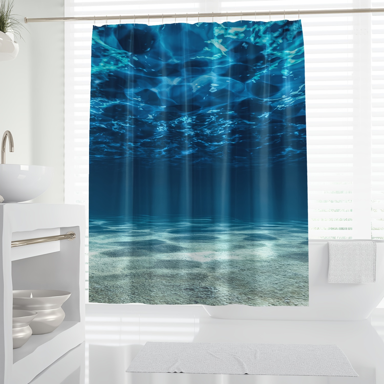 

1pc Digital Print Ocean Blue Scenery Shower Curtain, Water-resistant Polyester With Knit Weave, Machine Washable, Includes Hooks - All-season Arts Themed Bathroom Decor
