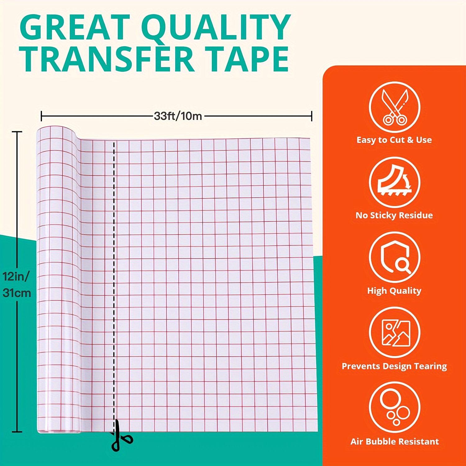 E-shop Klare Vinyl-Transferfolie Rolle - 12"x16,4/33ft (31cmx5m) mit rotem Ausrichtungsnetz, mittlere Haftkraft für dauerhafte