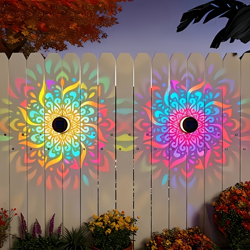TEMU 2pcs Solar Wall Lights Outdoor, Solar Fence Lights, Color-changing Mysterious Mandala Outdoor Projection Wall Lights Automatically Your House,