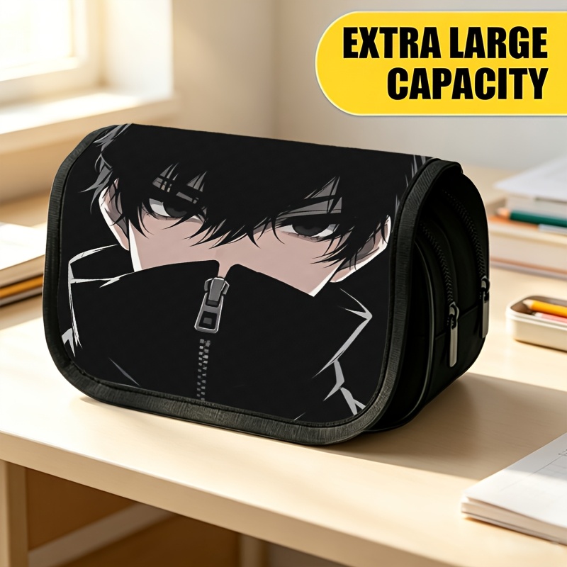 TEMU Trousse à crayons double couche grande taille, pochette à crayons imprimée aux avec fermeture éclair foncée et motif portrait de d'anime, sac de