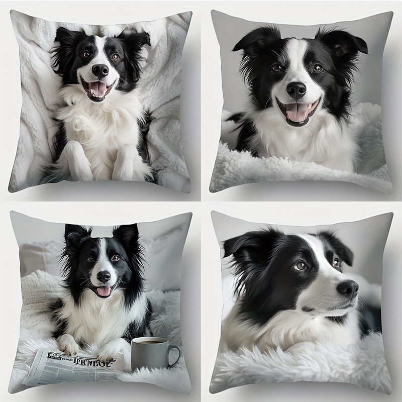 TEMU 4pcs Border Collie Printed Pillowcase Set - & , Polyester, Machine Washable, Zip Closure, Ideal For Home Decor & Dog Lovers (covers Not