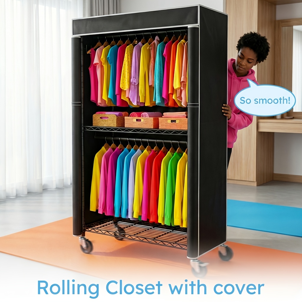 Covered Closet Garment Racks - Heavy Duty 3-tier Organizer With Wheels, Spacious Wardrobe Compartments Easy To Assemble, For Clothing