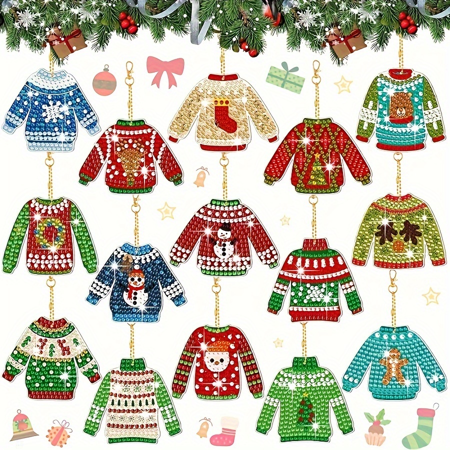 

15pcs Christmas Sweater Diamond Art Keychain Kit - Diy 5d Craft Set, Acrylic, Unique Shaped Diamonds, Gift