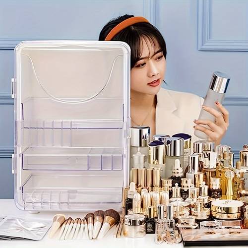 Elegant Plastic Makeup Organizer with Drawers - Portable Countertop Cosmetic Storage Box for Vanity, Bathroom - Compact Design for Eye Shadow, Lotion, Lipstick - No Electricity Needed