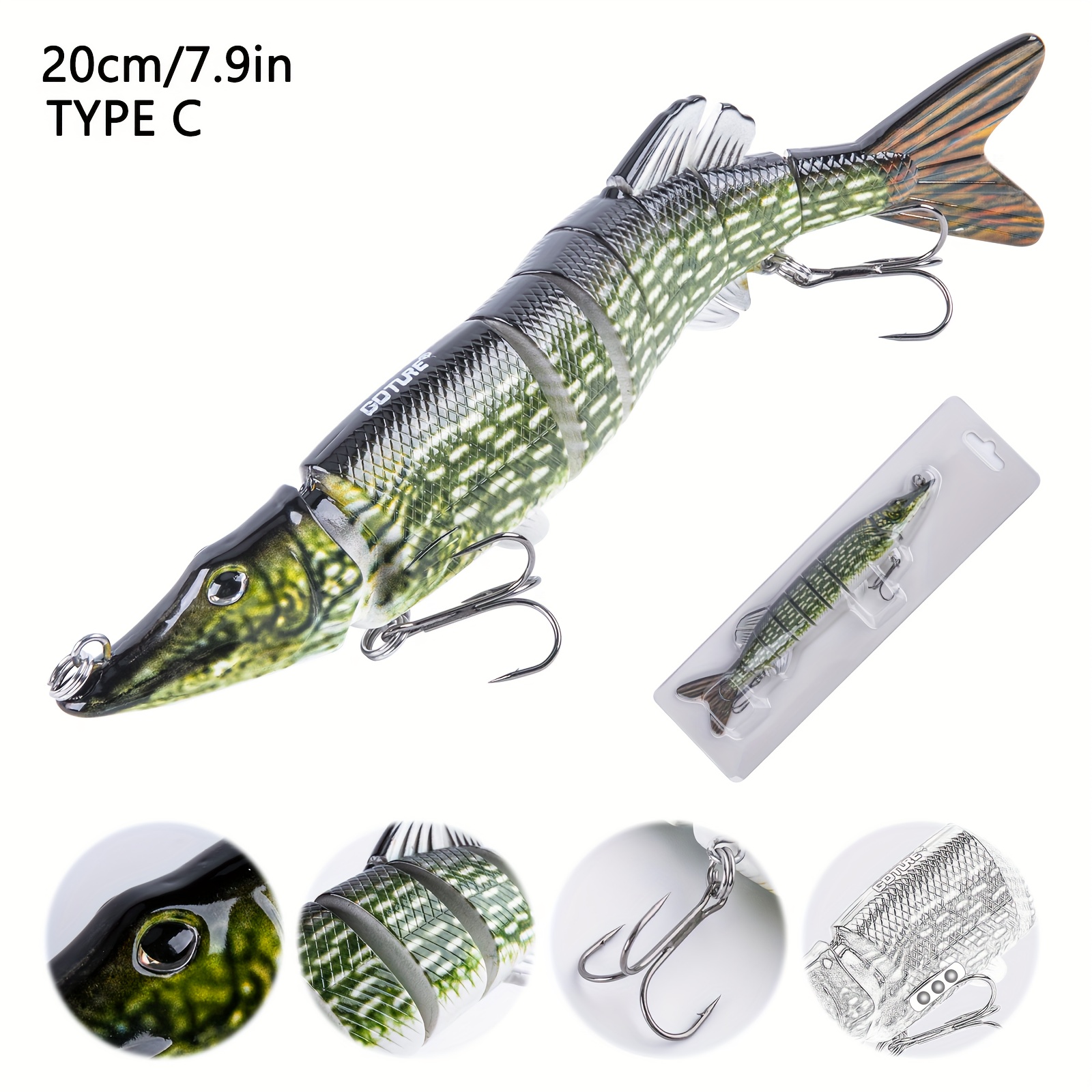 TEMU Goture 1/3 piezas Señuelo de pesca con puntas, hundido, sumergido, , duro, simulación 3D de ojos de pez y anzuelo triple afilado,