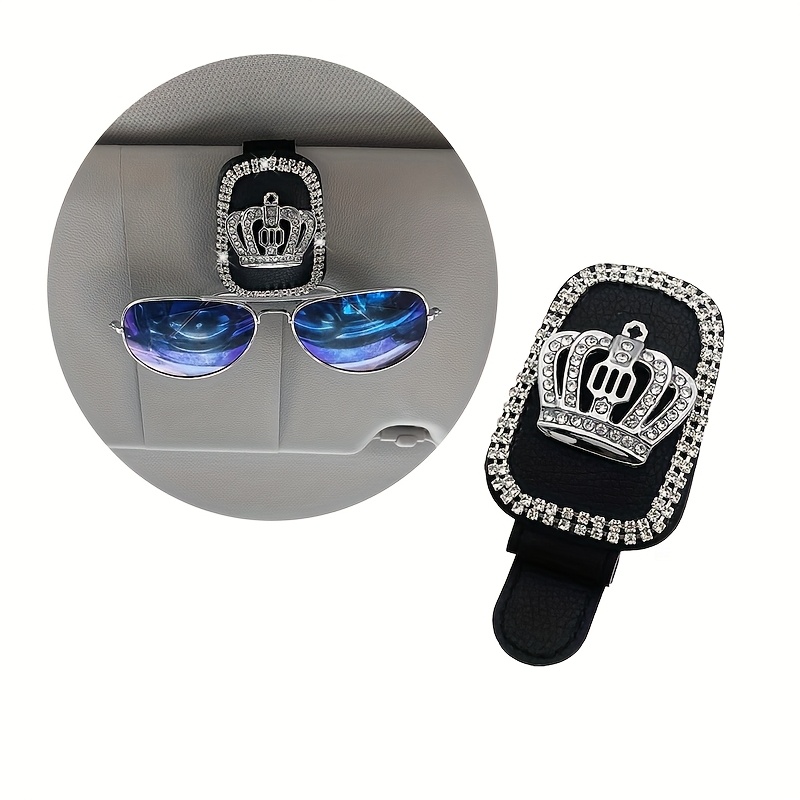 E-shop Kronenmuster - Sonnenblendenclip für Brillen, Funkelndes Strass-Design, Fahrzeug-Mode-Brillenhalter, PU-Leder, Innenraum-Aufbewahrungshalterung