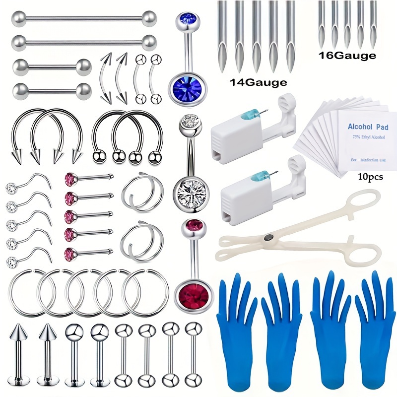 

67pcs Body Piercing Tool Kit With 2 Ear Piercing Guns, Round Mouth Clamp, 10 Piercing Needles, 4 Gloves, 10 Alcohol Pads, 40 Jewelry Pieces For Ears, Lips, Nose, Eyebrows & Belly