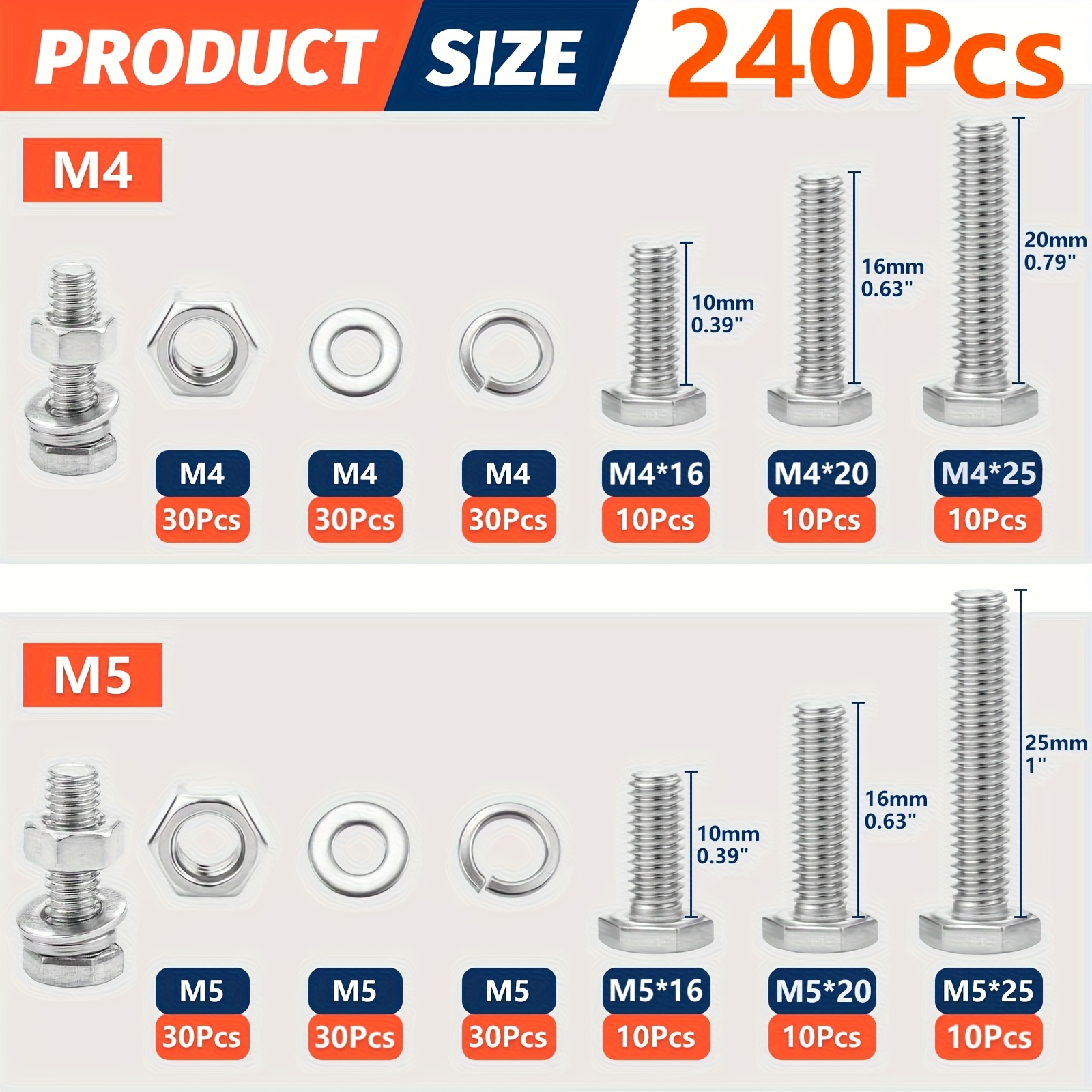 Juego de 240 piezas de pernos y tuercas de acero inoxidable - Clase 304, 14 tamaños comunes (M4, M5, M6, M8), caja de almacenamiento duradera y organizada, instalación fácil para conexiones robustas, hilo derecho, 8 puntos de accionamiento, hardware de construcción