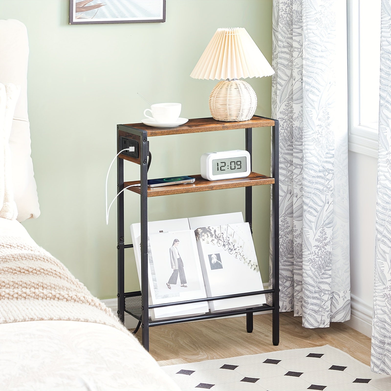 Slim Side Table with Charging Station, Narrow End Table for Small Spaces