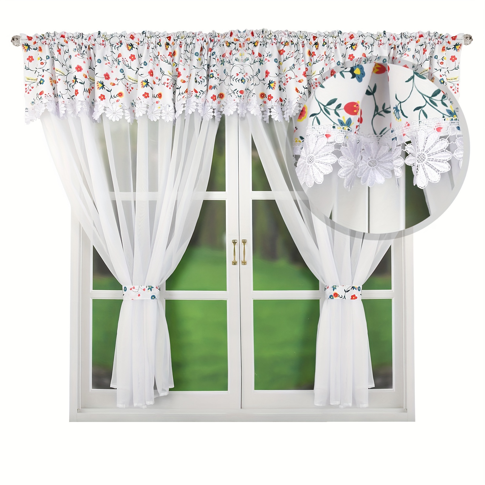 1set Fhflyinghome Lag205 Colorful Printed Lace Curtain And Curtain Set