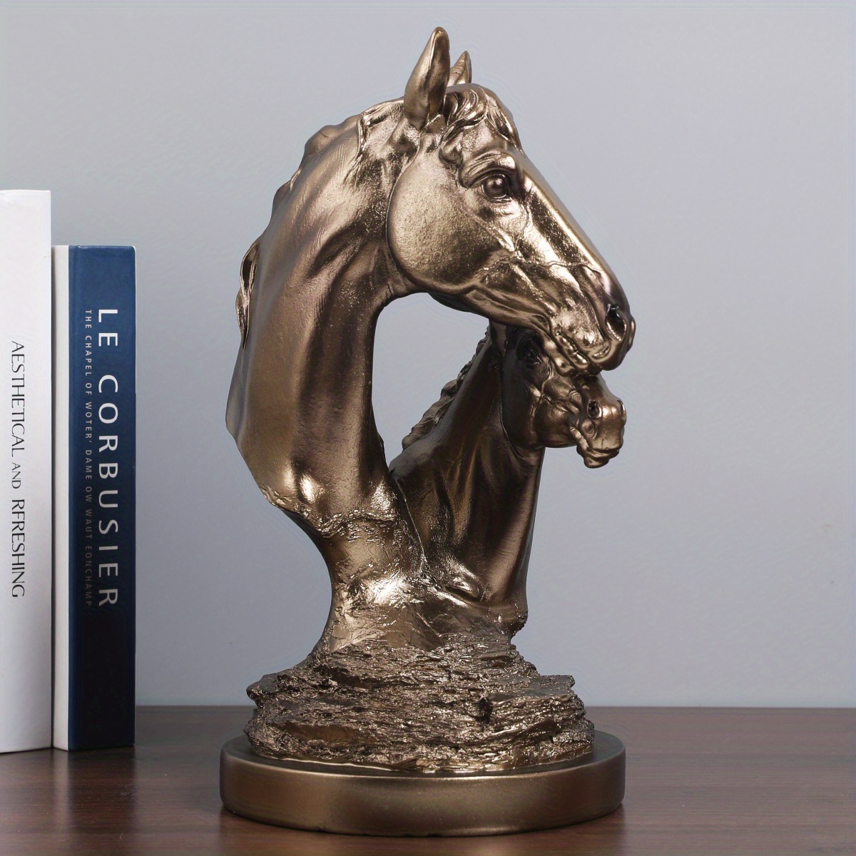 1pc Vintage Bronze Double-Headed Horse Statue Resin Crafts Decoration Home Desktop Porch Ornaments Minimalist Style Head Statue