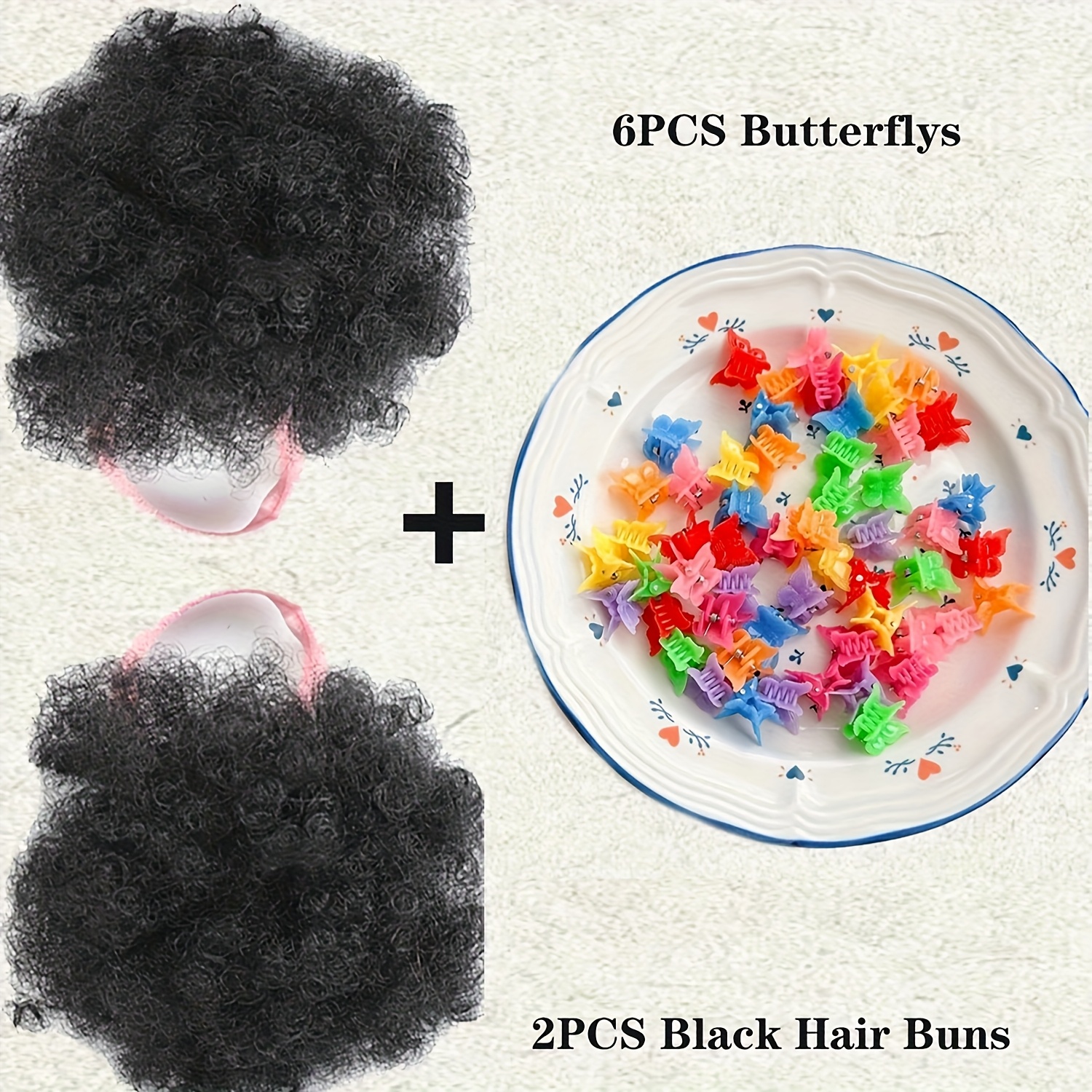 E-shop 2 Stück Puff-Bun-Haarverlängerungen mit bunten Schmetterlingsklammern – Mädchen-Ponytail-Accessoires, schwarze Locken-Stilverstärker, ideal für