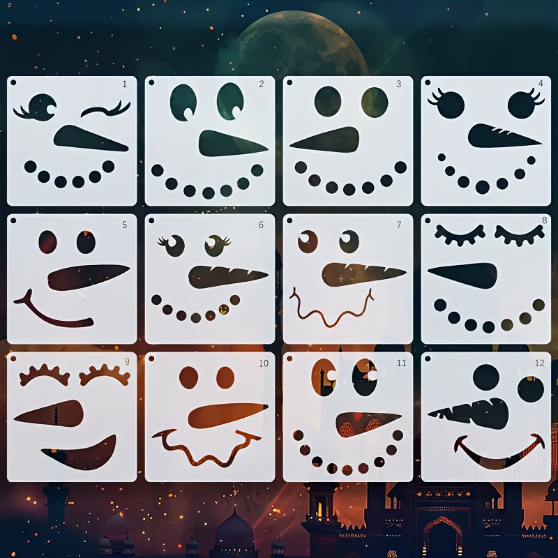TEMU Lot de 12 pochoirs visage de de neige de Noël, 10,0 cm, modèles de peinture réutilisables, adaptés pour décorations DIY, cartes et suspensions,