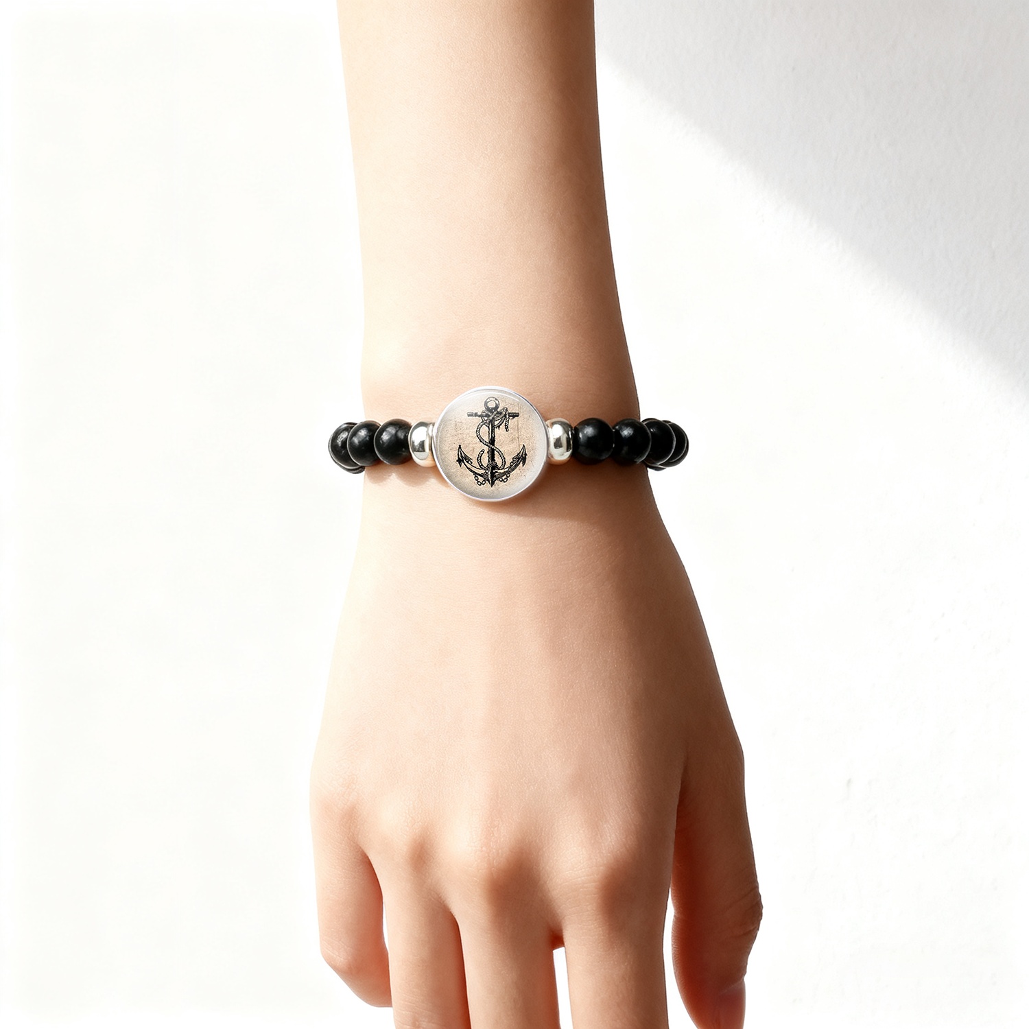 Teenager's Classic Black Bead and Chain Bracelet, Retro Style