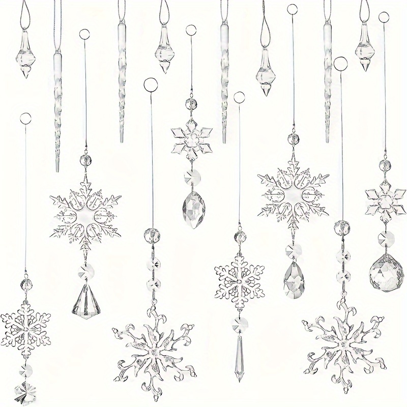 

16-pack Glass Snowflake Suncatcher Ornaments - Christmas Hanging Crystal Icicle Decorations, Acrylic Snowflakes For Tree And Holiday Party Decor