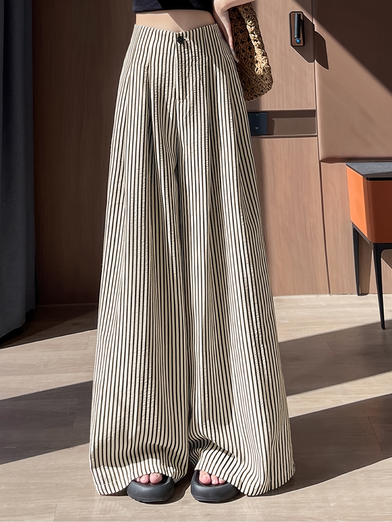 high waisted striped wide leg pants womens daily casual trousers black and white striped straight leg pants spring and autumn wear large trouser legs