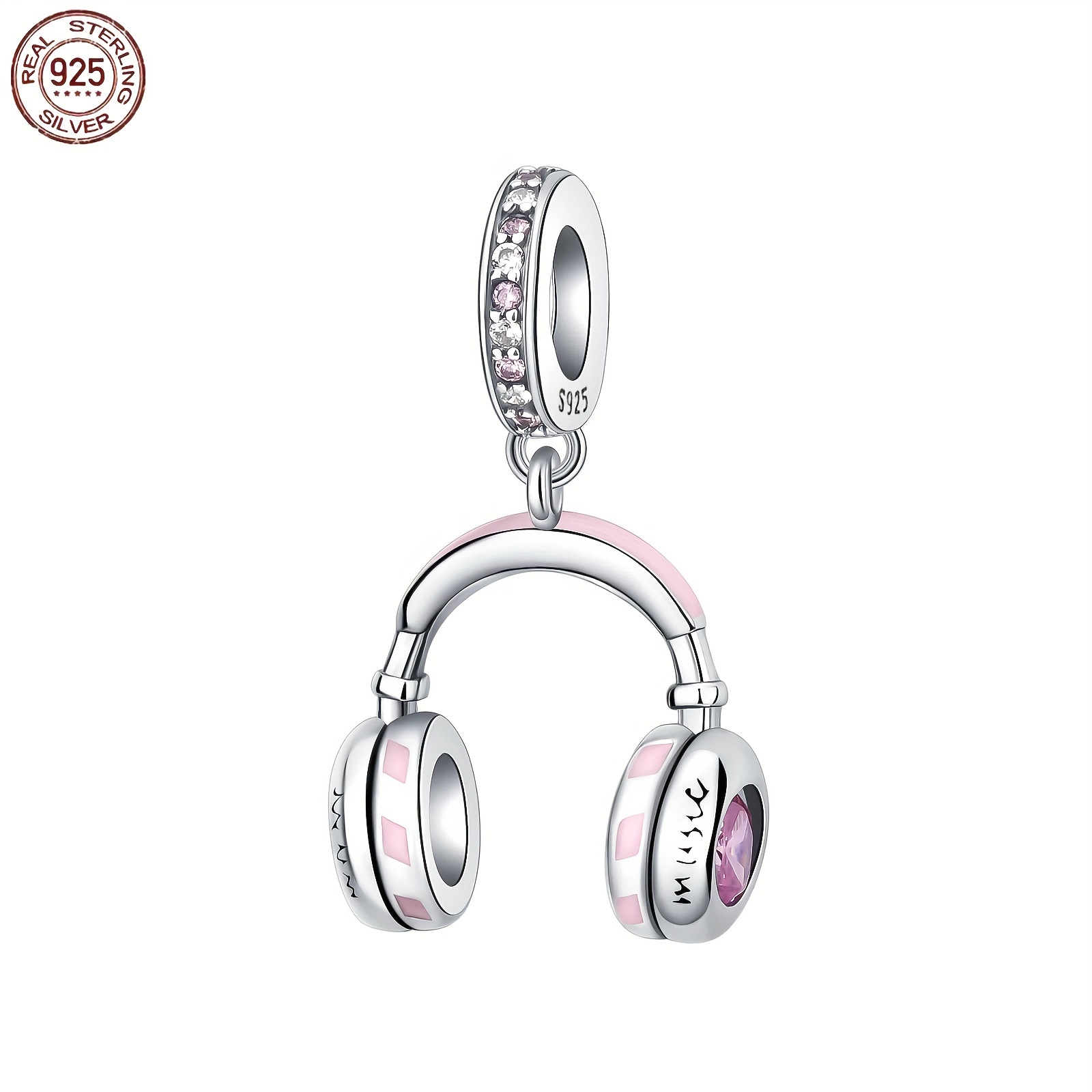 

925 Pure Silvery Headphone Ornament Pendant, Pink Zirconia Headphone Bracelet Necklace Pendant, Christmas Small Gift