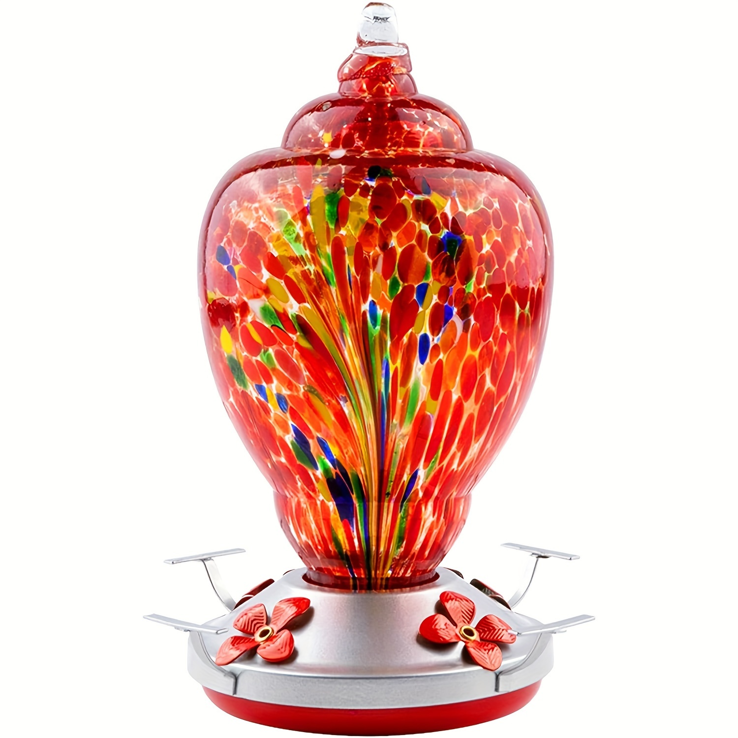 TEMU Outdoor Yard Large Hummingbird Feeder 32oz Color Hand Blown Glass Hummingbird Feeder With Ant Hook, Rope, Brush, And (red-fireworks)
