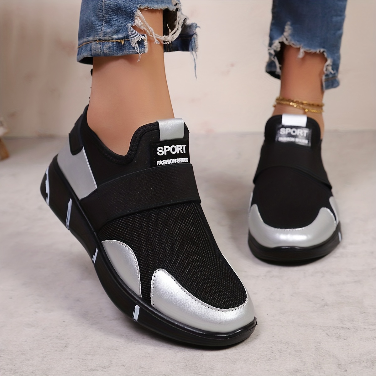 womens slip on sneakers lightweight knit upper pointed toe design arch support breathable comfortable casual lace up suitable for outdoor   party wear   upper ideal gift for women black golden silvery Product details 8