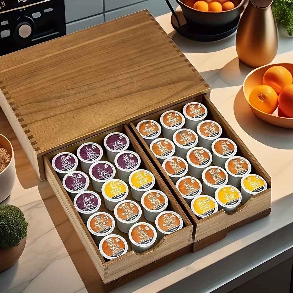 TEMU Recycled Wood Coffee Storage Organizer With Drawer - Multi-compartment Countertop Organizer For Coffee Pods, Creamer & Sugar Cubes, Kitchen &