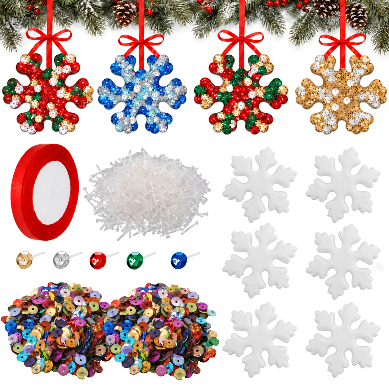 TEMU Kit de 6 ensembles de décorations artisanales de Noël en mousse avec de neige et paillettes, pack de fête avec de neige en mousse, paillettes, ,