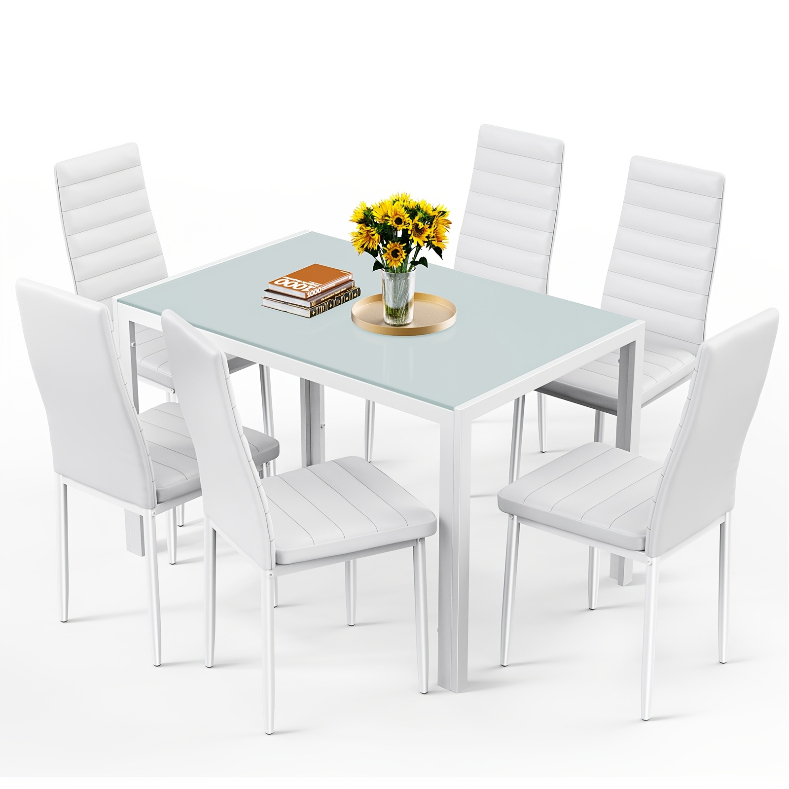 6-seater Dining Set, Comprising 1 Tempered Glass Table And 6 Upholstered Chairs, Suitable For Kitchens, Dining Rooms, And Living Rooms