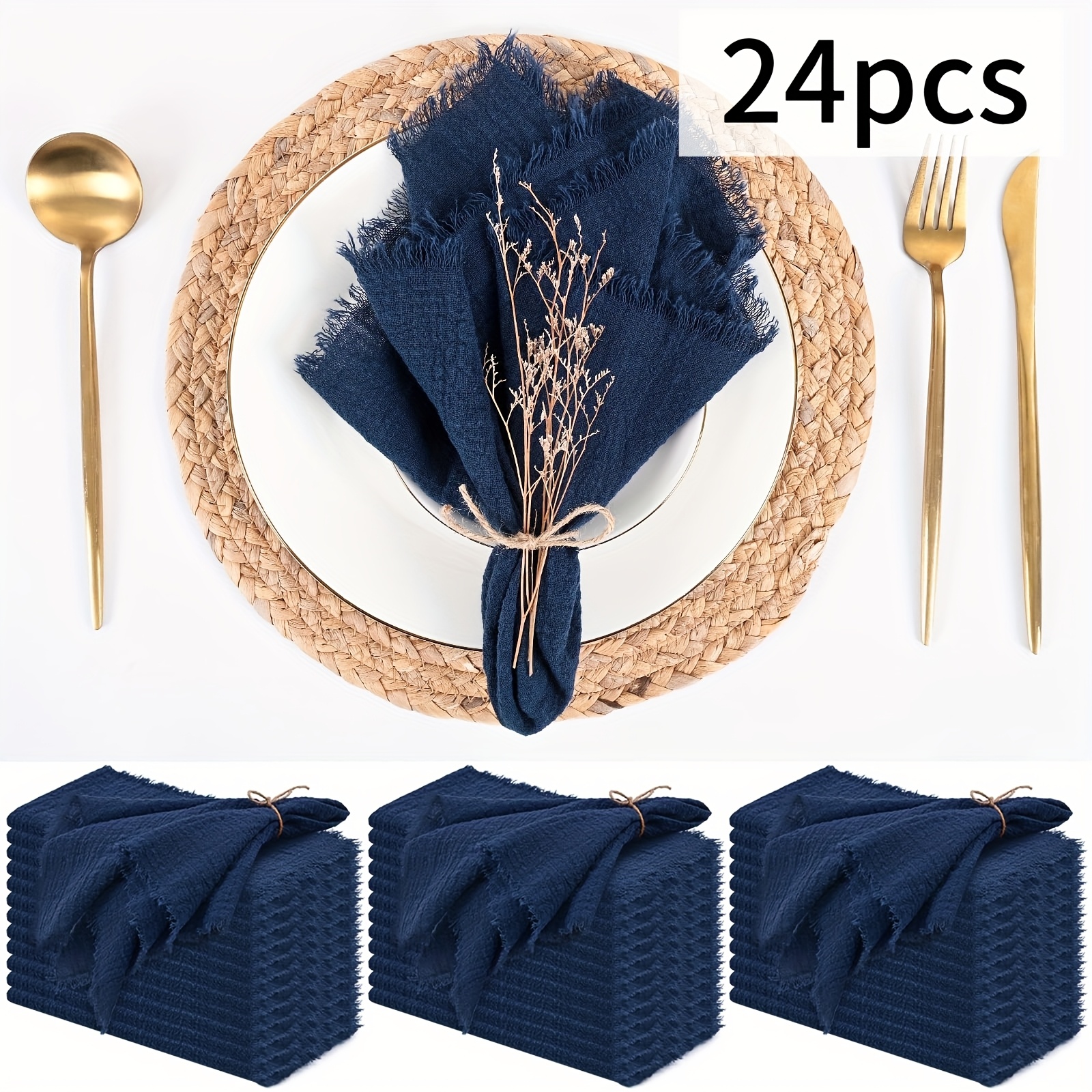 TEMU 24 Vintage Wedding Napkin Set, 100% Cotton 12.6x12.6 Inch Square Gauze Tea Towel With Tassel, Handmade Old Edge, Optional, Reusable Table