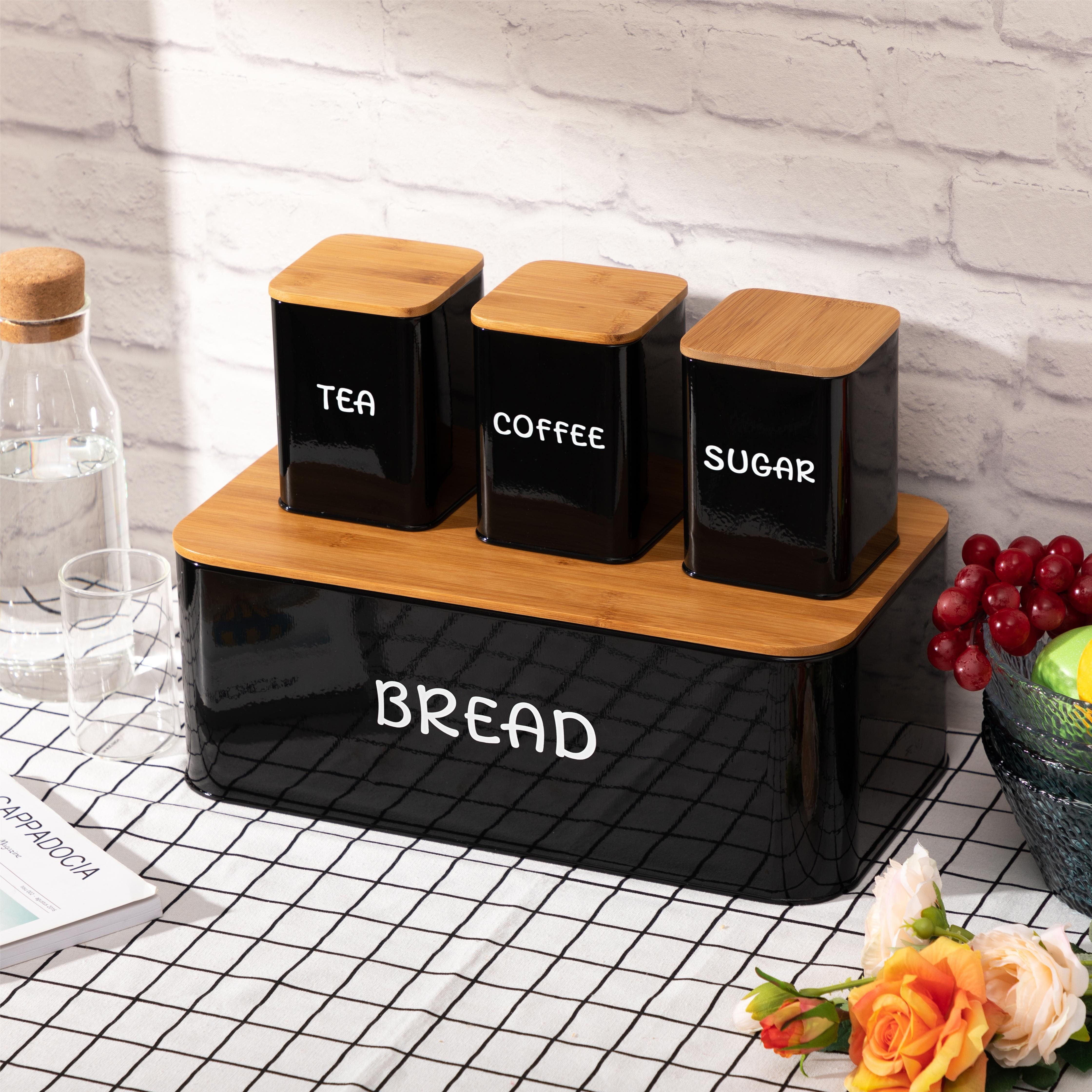 

Large Bread Box And 3pcs Set With Sugar, Tea, And Coffee Containers For Kitchen Storage - Black, Metallic, And Bamboo