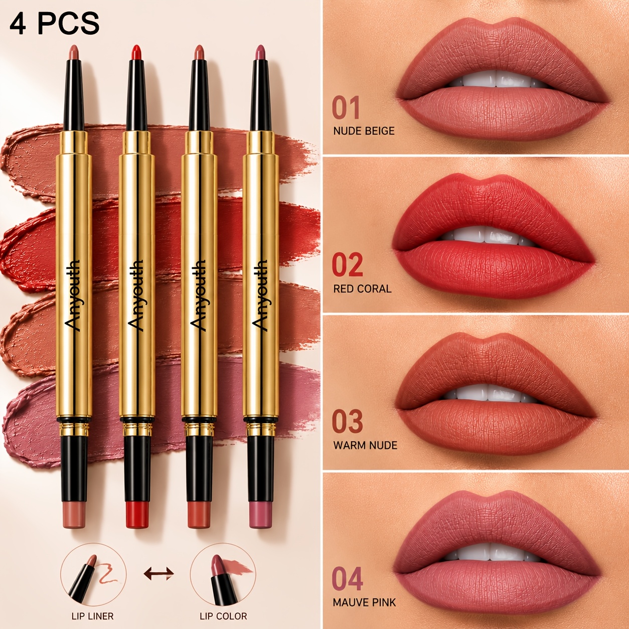 Image of Gold-plated Double-ended Lipstick Lip Liner 4pcs Set Matte High 2-in-1 Long-lasting Holiday Gift