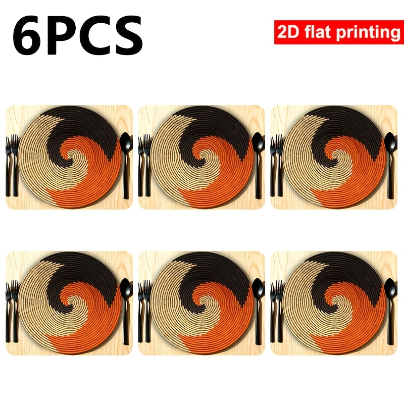 TEMU 6pcs Round Placemats, Bohemian African Swirl 2d Flat Printed Placemats, Orange Black Beige White Spiral Pattern, Rustic Farmhouse Style Dining