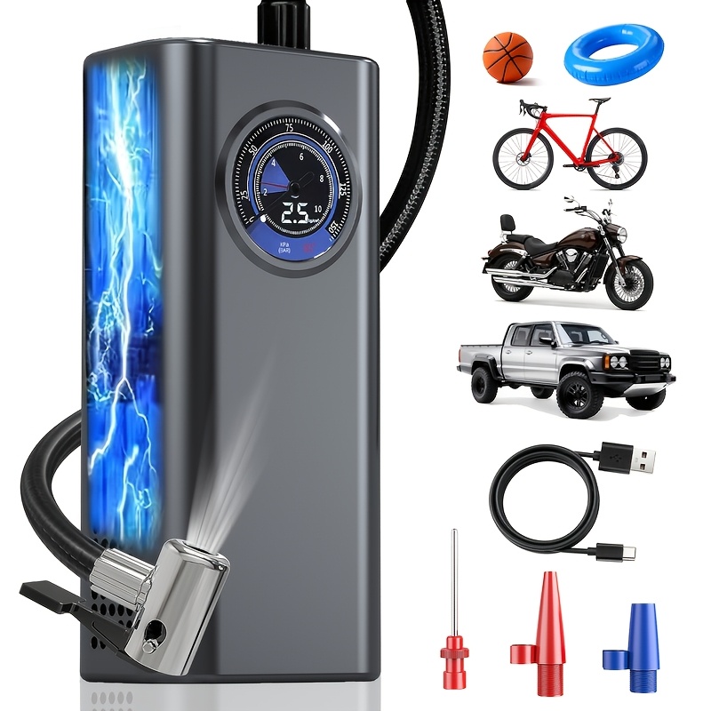 Portable Car Tire Inflator, Car Air Pump for Rapid Inflation, Fast Charging USB Port, with Tire Pressure Gauge, 3000mAh Lithium Battery, Rapid Charging, Suitable for Cars, Bicycles, Motorcycles, Sports Balls, High-Efficiency Motor, Quick Inflation